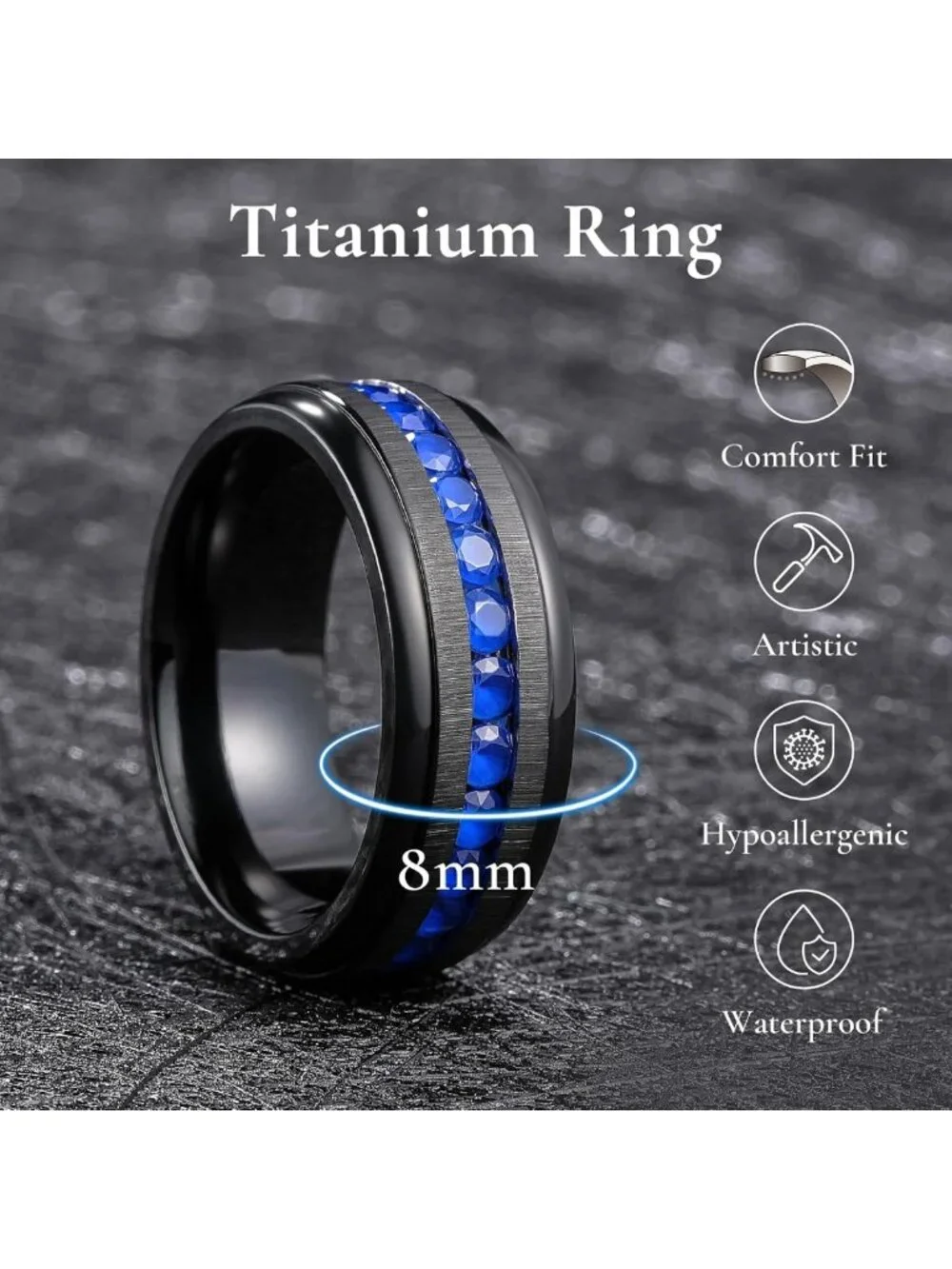 Stylish 8mm Titanium Wedding Band for Men & Women - Black/Silver/Gold, CZ Inlay